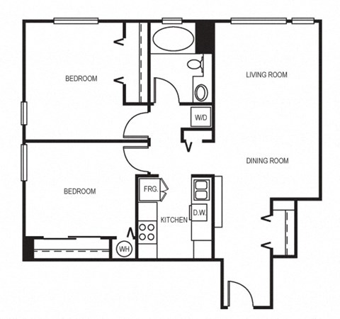 Floor plan for 2 beds, 1 bath, 865 sqft